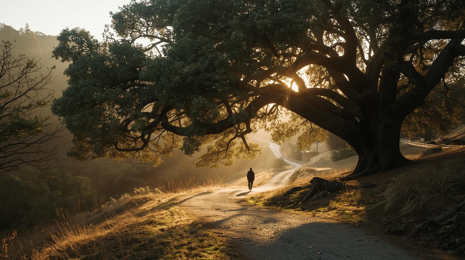 Early morning walk near Mount St. Helena in Calistoga, Napa Valley, with soft sunlight through oak trees, representing quiet beginnings and slow travel in wine country.
