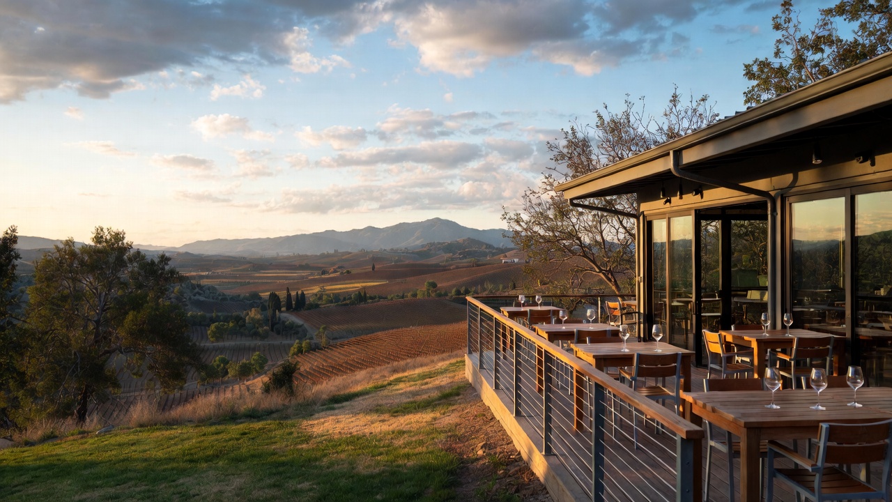 Outdoor taproom patio in Calistoga Napa Valley during early evening with guests enjoying craft beer and views toward Mt St Helena.
