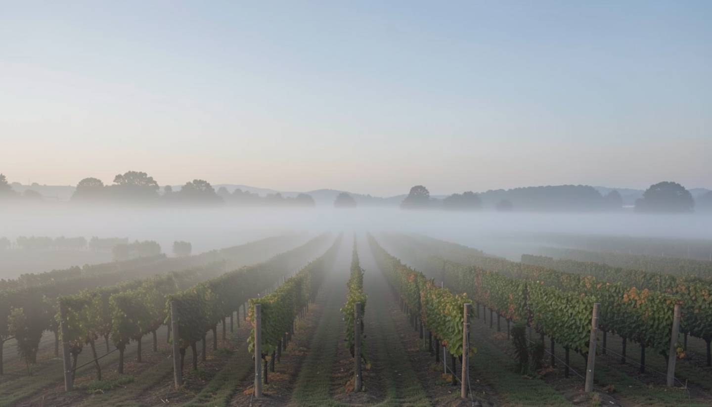 Morning fog settling over vineyard rows in the Carneros region of Napa Valley, showing the calm atmosphere travelers experience when arriving early by car.