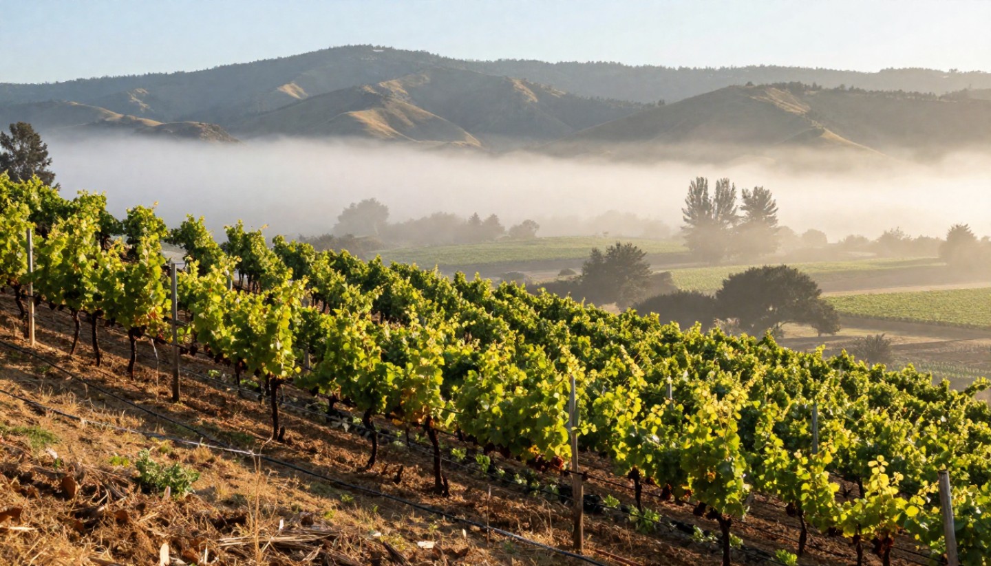 Hillside vineyard in Napa Valley showing sustainable farming practices including drip irrigation, cover crops, and varied soil blocks used for vineyard technology and water management.