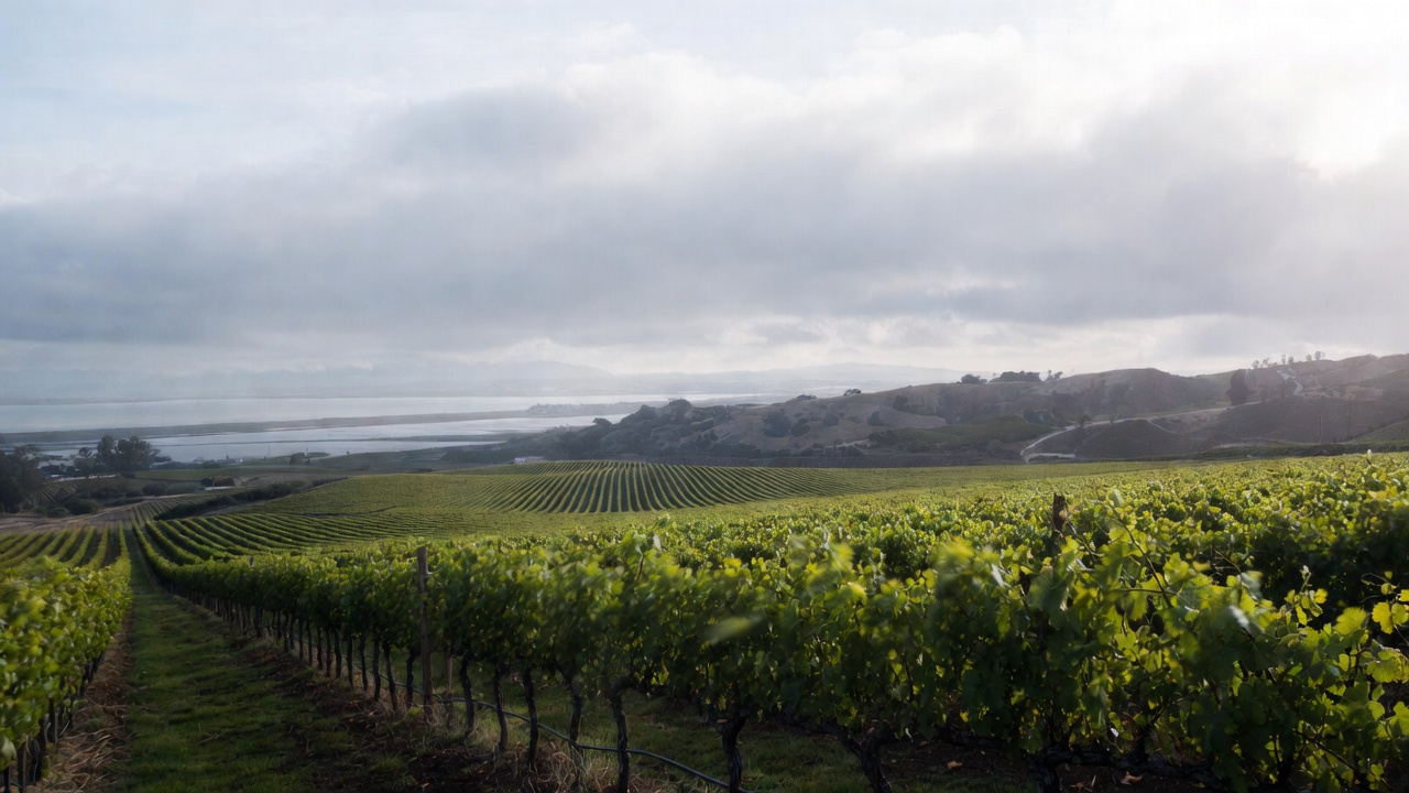 Carneros vineyard in southern Napa Valley with low rolling hills and wind movement from San Pablo Bay, demonstrating marine climate influence on grape growing.