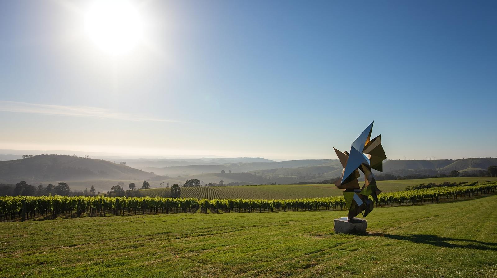 Contemporary sculpture installed in a vineyard landscape in Carneros, Napa Valley, set against rolling hills and open sky, highlighting land art and outdoor installations in wine country.
