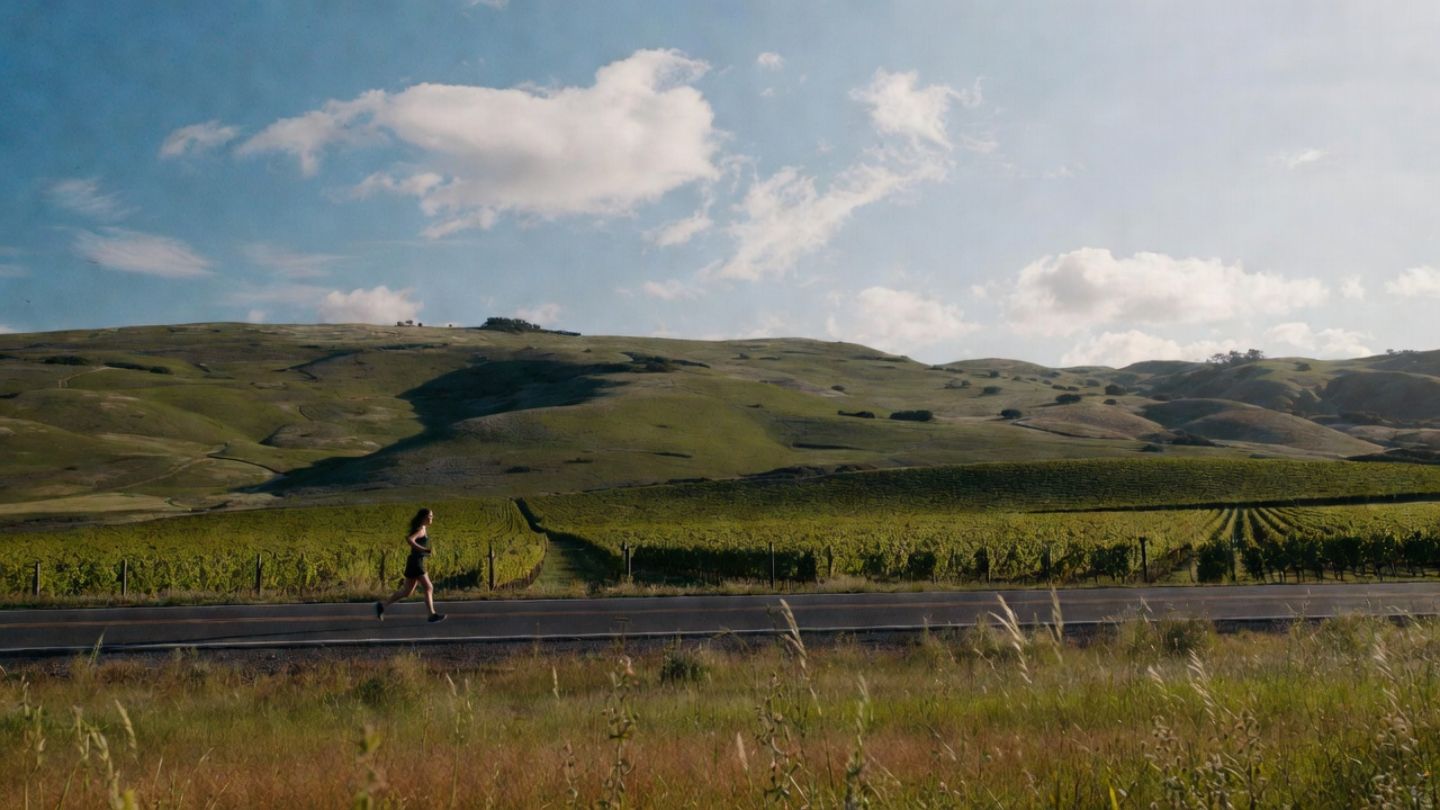 Runner jogging along a rural Carneros vineyard road in Napa Valley during a cool morning, with rolling hills, open sky, and coastal light. Highlights scenic running routes near Napa for Marin County travelers.