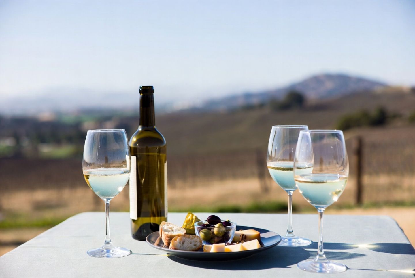 Outdoor table in Napa Valley with cool climate wine and seasonal food, representing the food friendly, balanced wine style shaped by fog and longer growing seasons.