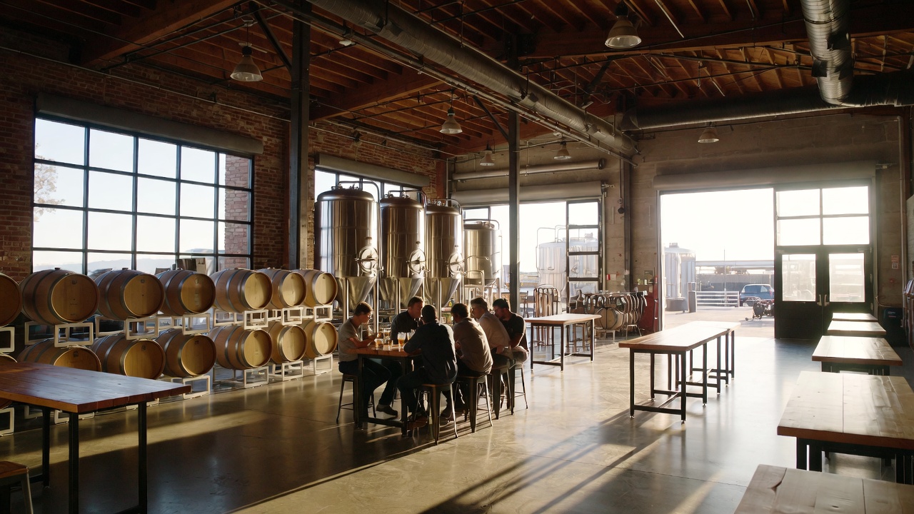 Interior of a Downtown Napa craft brewery with wine barrels and stainless steel fermentation tanks visible while guests enjoy a tasting flight at a communal table.