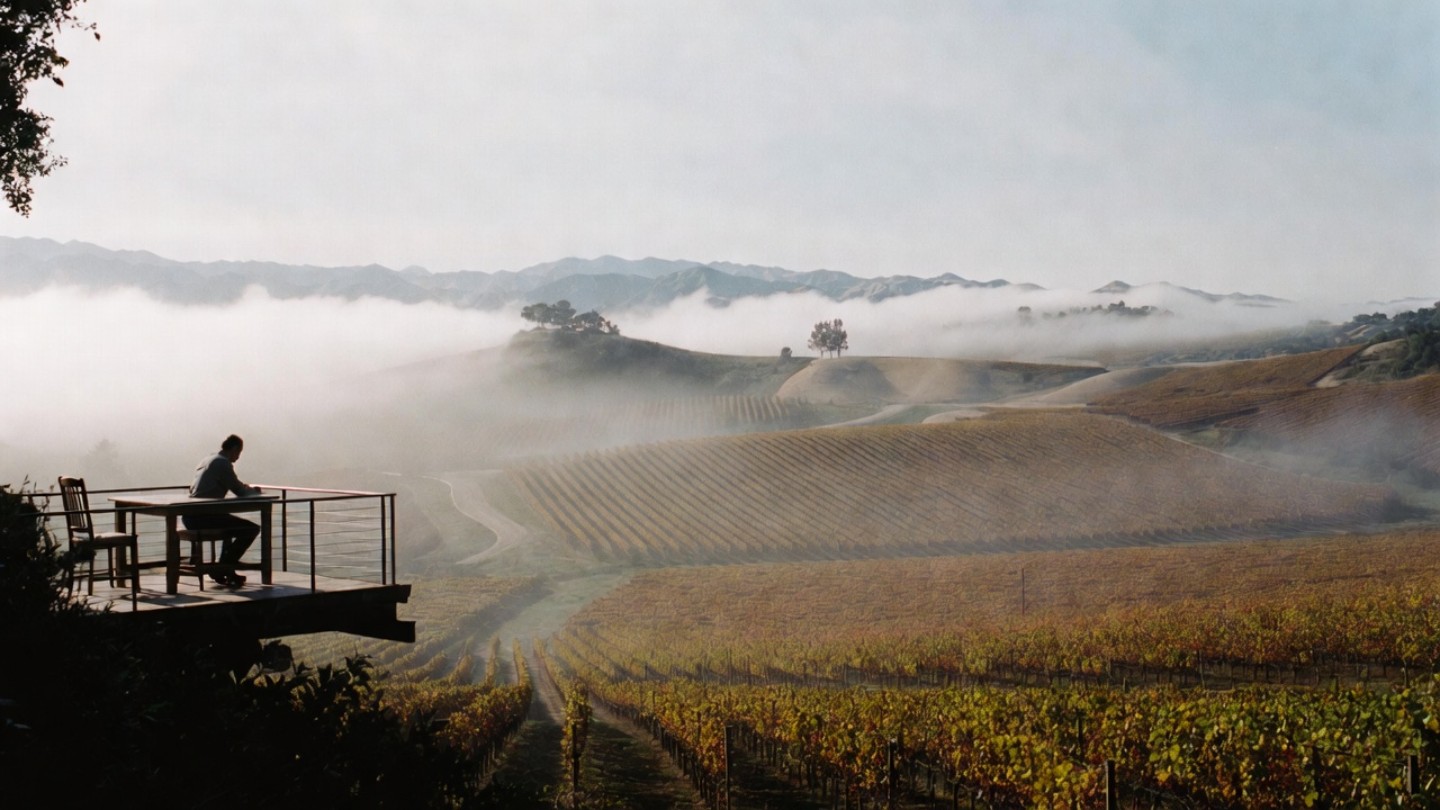 A person sits alone on a scenic Napa Valley winery terrace overlooking a fog-covered vineyard, symbolizing a quiet moment of reflection for a creative career shift.