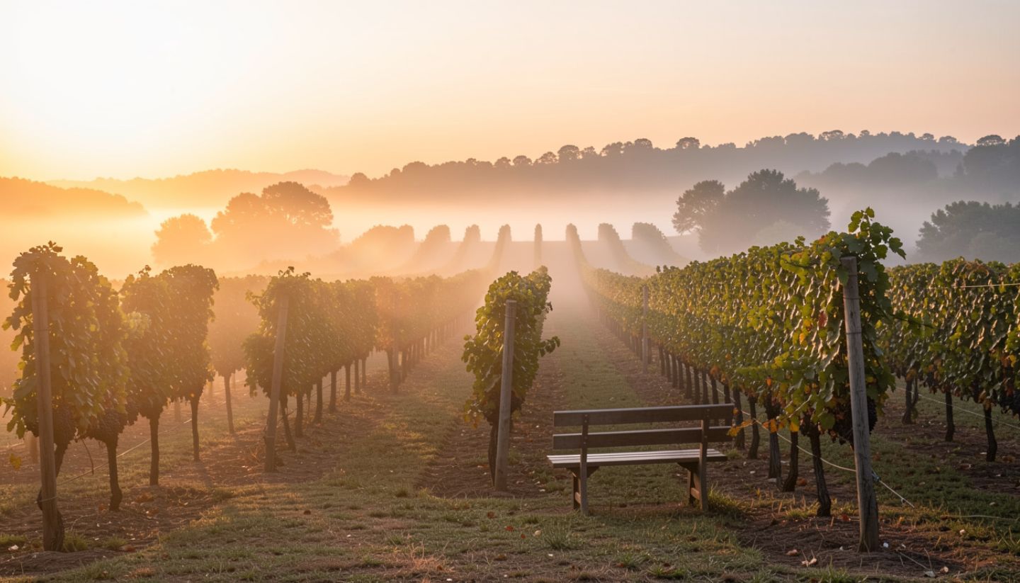 Early morning vineyard edge in Napa Valley with light fog and a single chair, creating a calm setting for creative reflection and writing.