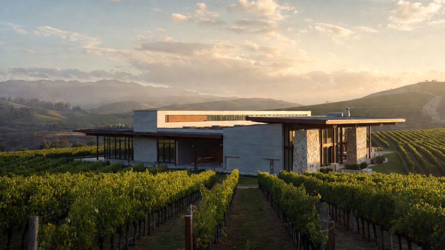 Design led winery in south Napa Valley with modern architecture integrated into vineyards, showing a calm and creative wine country experience for couples.