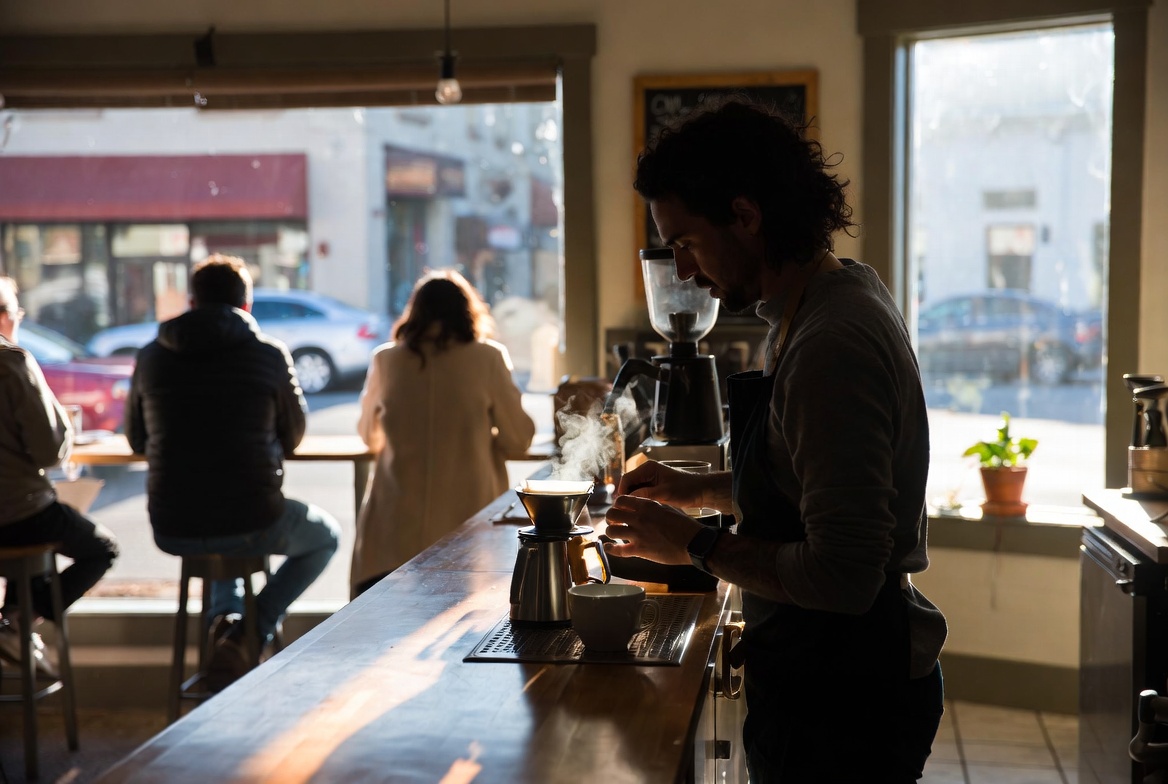 Morning coffee being poured inside a café in downtown Napa, illustrating a daily travel ritual and slow start to the day in Napa Valley wine country.
