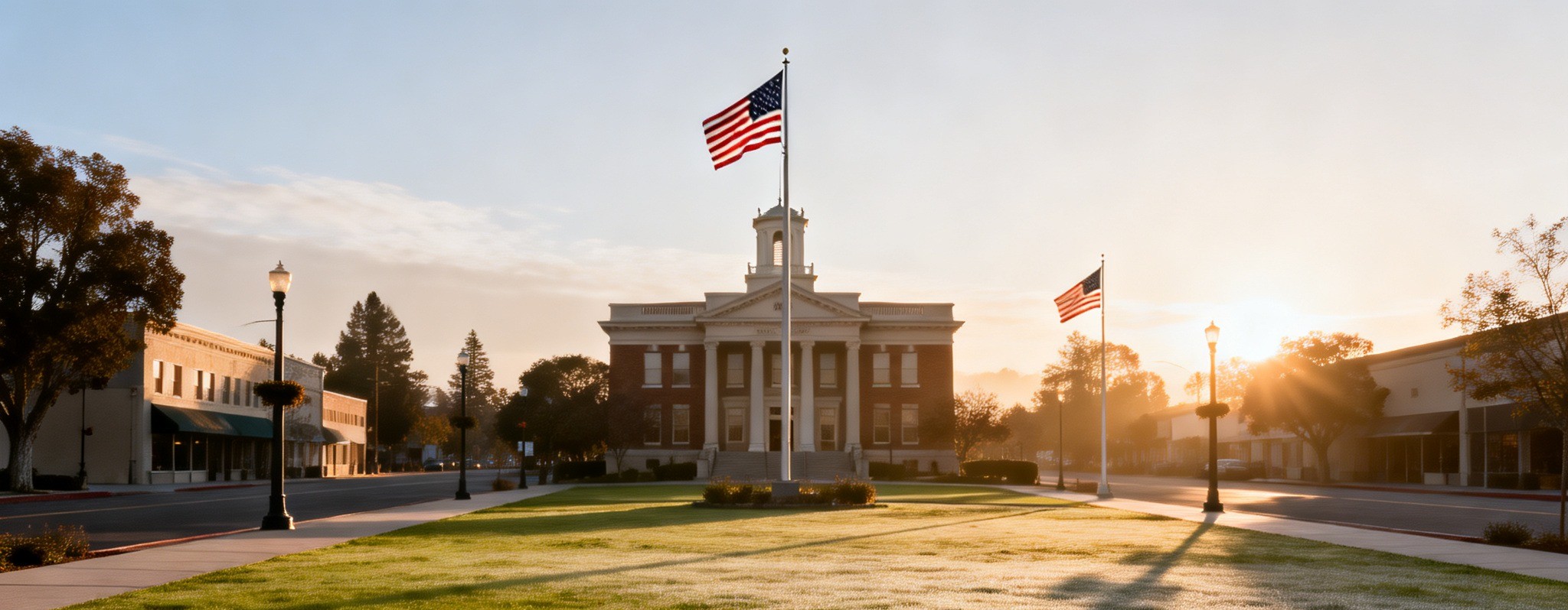 Early morning view of the Napa County Courthouse in downtown Napa with quiet streets and civic buildings, representing local government, community history, and Napa Valley civic life.