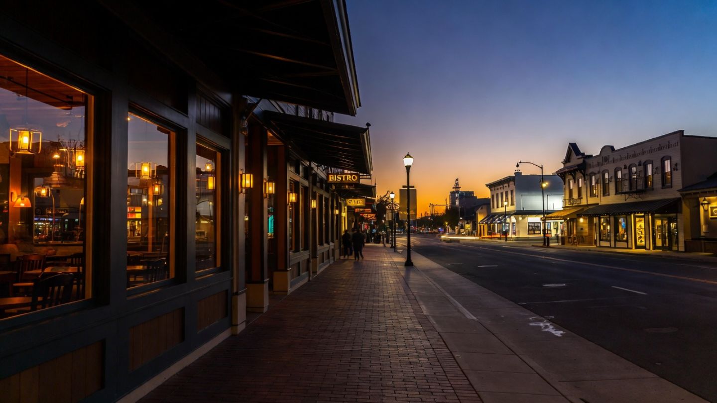 Evening street scene in downtown Napa with softly lit restaurants and wine bars welcoming late dinner guests.