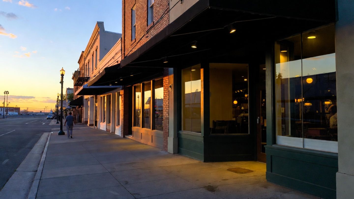 Person walking alone through Downtown Napa in the early evening, highlighting walkable dining and tasting areas for solo food travelers.