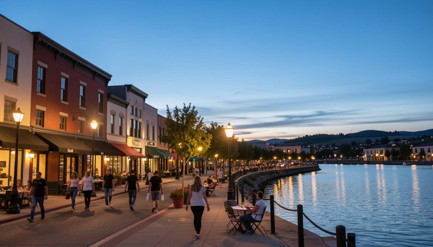 Early evening in downtown Napa Valley with warm lights near the river, showing a calm wine and jazz nightlife atmosphere.