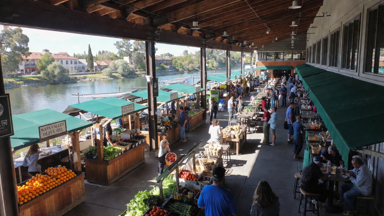 Visitors browsing fresh produce and artisan food vendors inside Oxbow Public Market in downtown Napa Valley, showcasing local food culture and community interaction.
