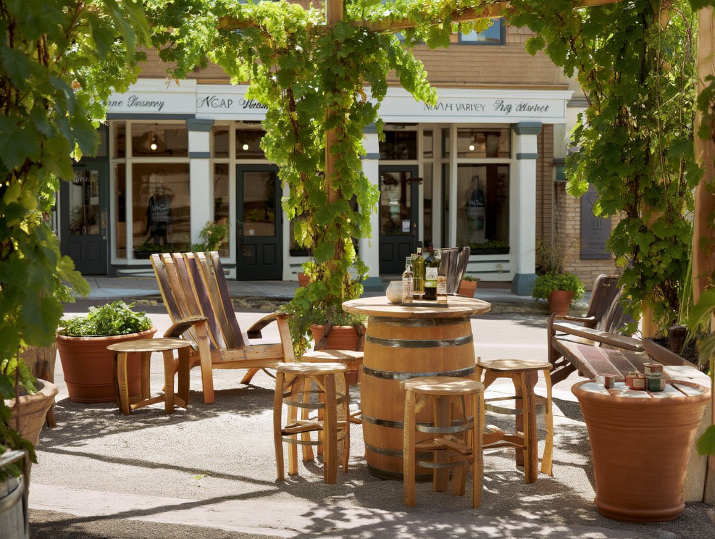 Reclaimed wine barrel furniture including barrel stave chairs and rustic wood tables displayed in downtown Napa near First Street.