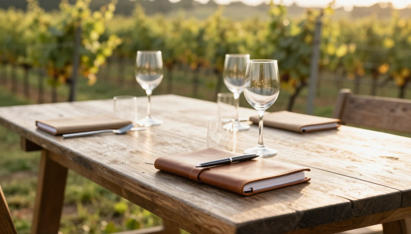 Educational wine tasting set at an outdoor table beside Napa Valley vineyard rows, with notebooks and glasses used for learning and discussion.