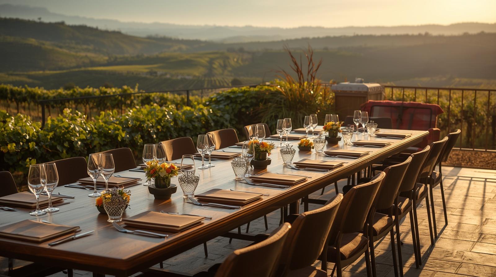 Long wooden table arranged for a private family meeting on a vineyard-facing terrace in St. Helena Napa Valley during late afternoon light with vineyard rows in the background.