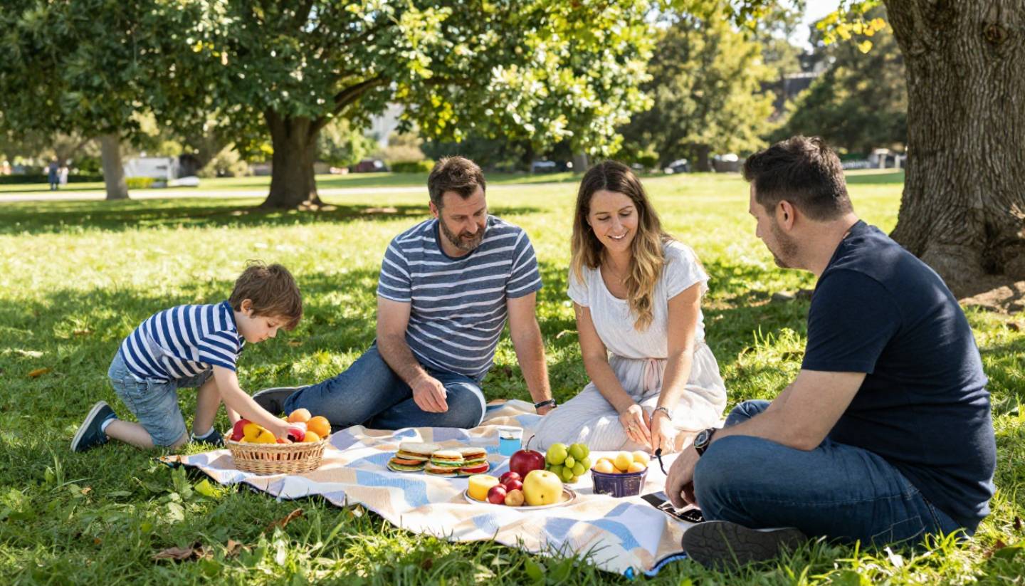A family enjoying a picnic at Alston Park in Napa Valley with children playing on the grass and vineyard hills in the background, showing a relaxed and kid friendly outdoor setting for families visiting from Marin County.