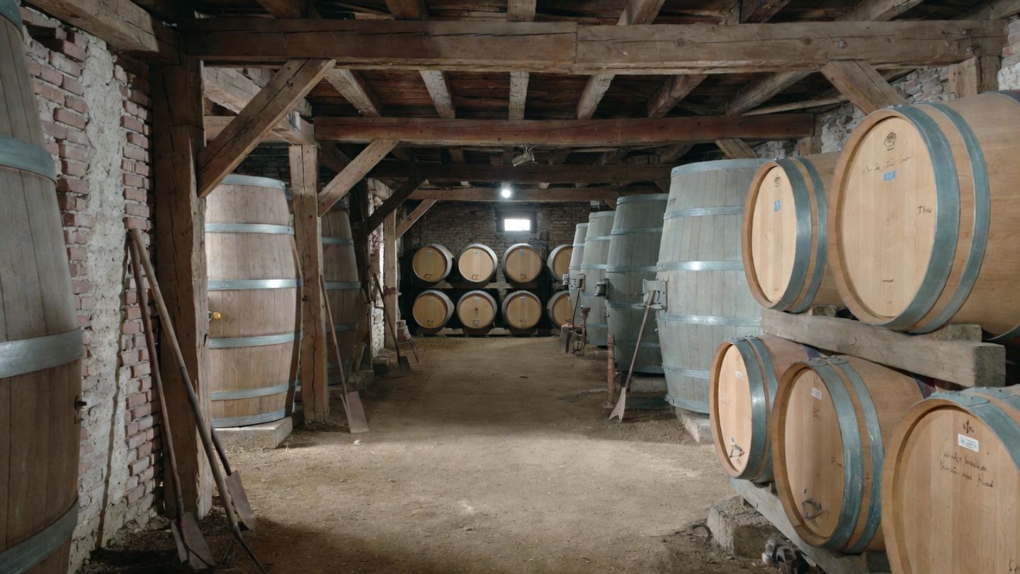 Historic Napa Valley wine cellar with handwritten barrel markings, wooden beams, and a small family-run vineyard atmosphere.