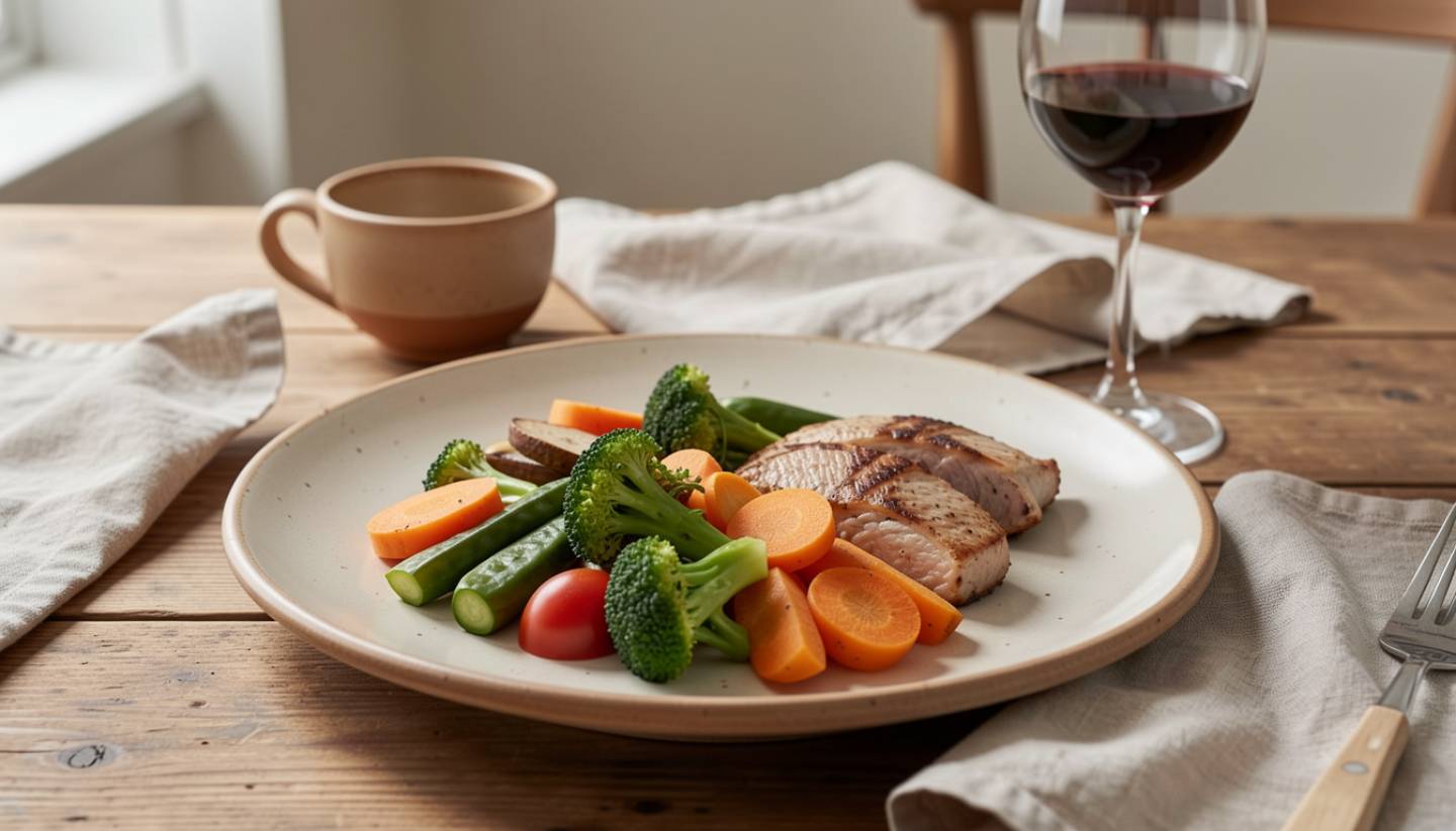 A seasonal farm-to-table dish in Napa Valley featuring locally grown vegetables served on simple ceramic tableware, with a glass of wine in the background. The image reflects sustainable dining rooted in seasonal ingredients and restraint.