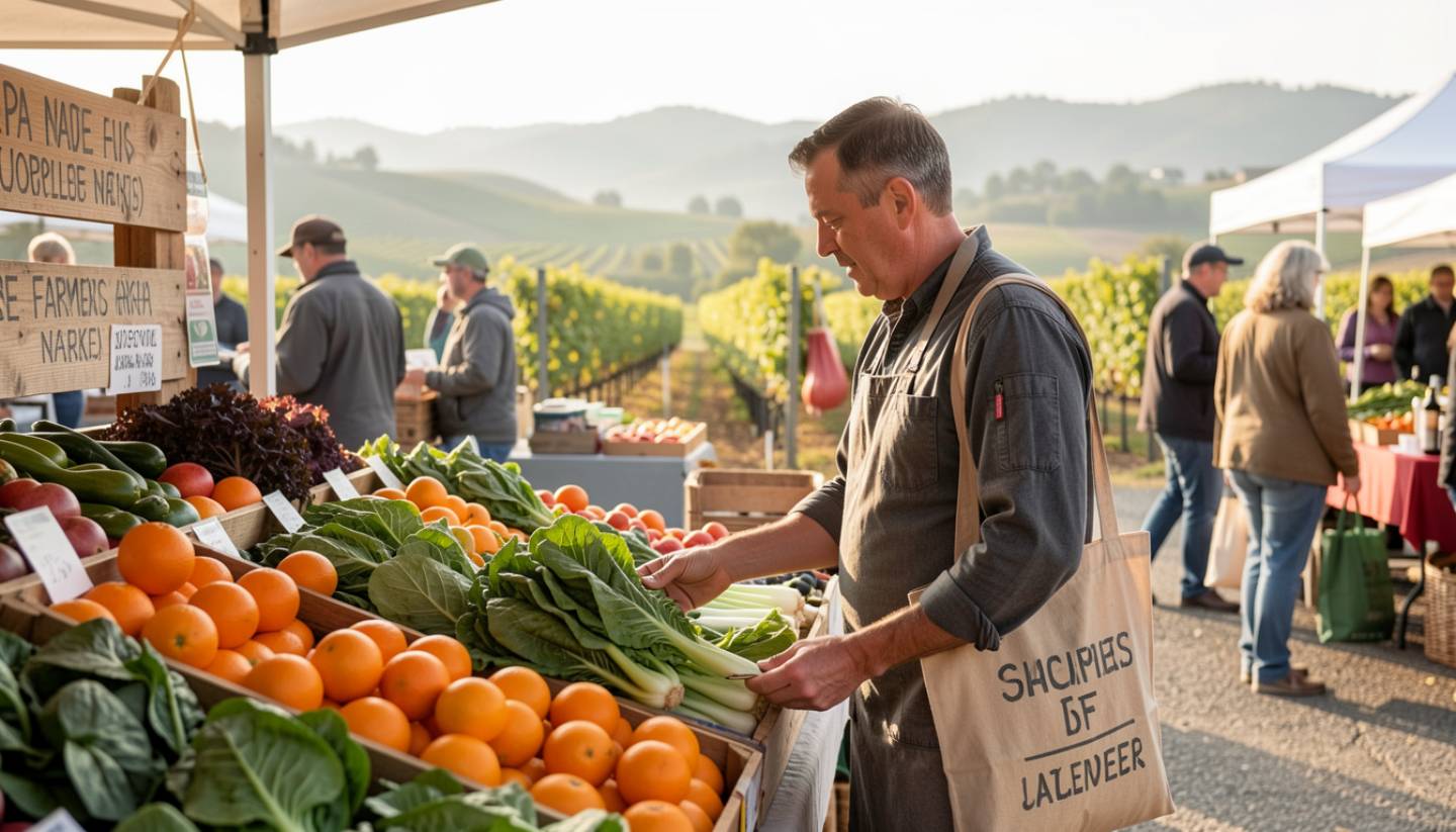 A Napa Farmers Market scene with a person selecting fresh seasonal produce from a local farmer. Leafy greens and citrus are visible in reusable bags, with Napa Valley hills softly blurred in the background, illustrating farm-to-table dining near San Francisco.