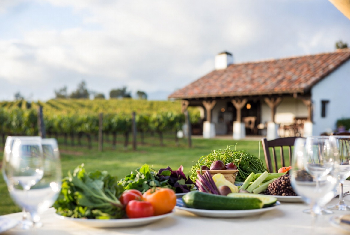 Seasonal farm to table lunch with fresh vegetables at Farmstead in St. Helena Napa Valley overlooking vineyard rows and rustic barn buildings.