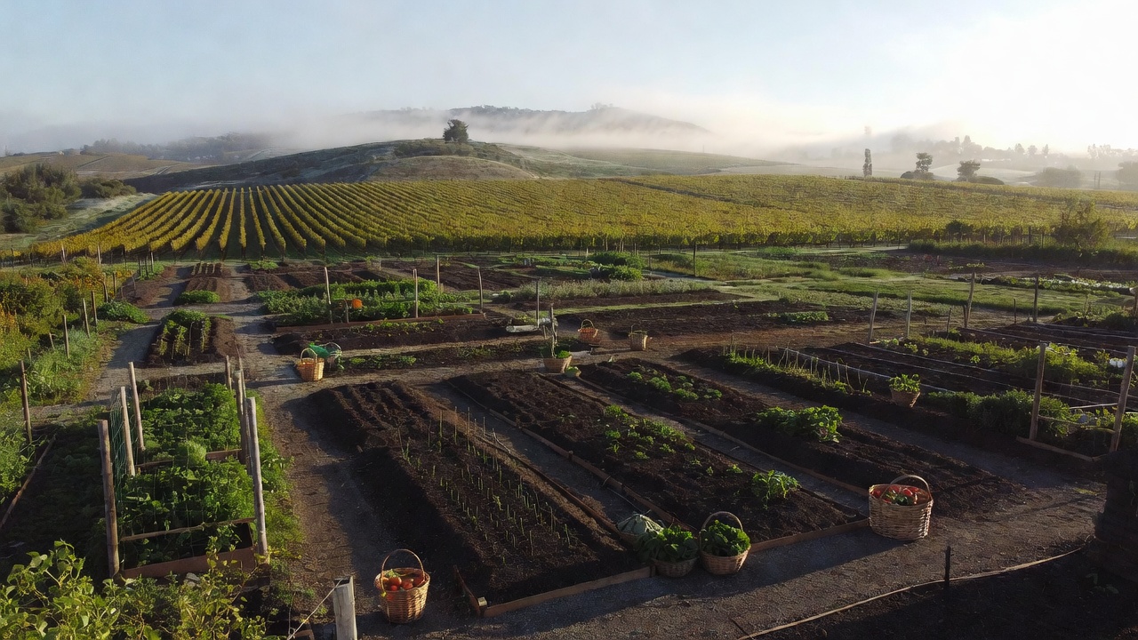 Working culinary garden in Napa Valley with raised beds and harvest baskets, illustrating farm to table food systems and sustainable sourcing close to vineyards.