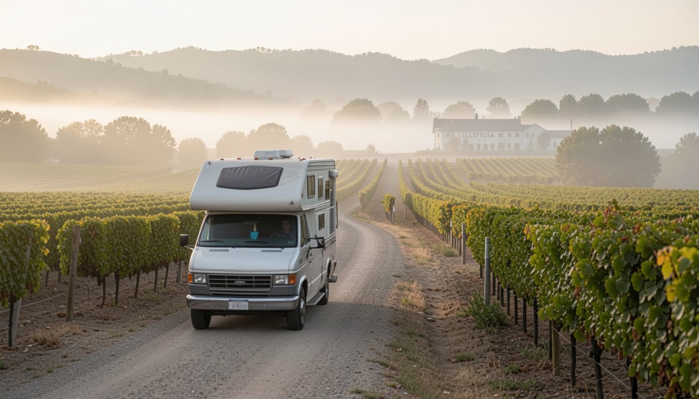  Camper van driving along Silverado Trail in Napa Valley with vineyard rows and light morning fog near Calistoga.