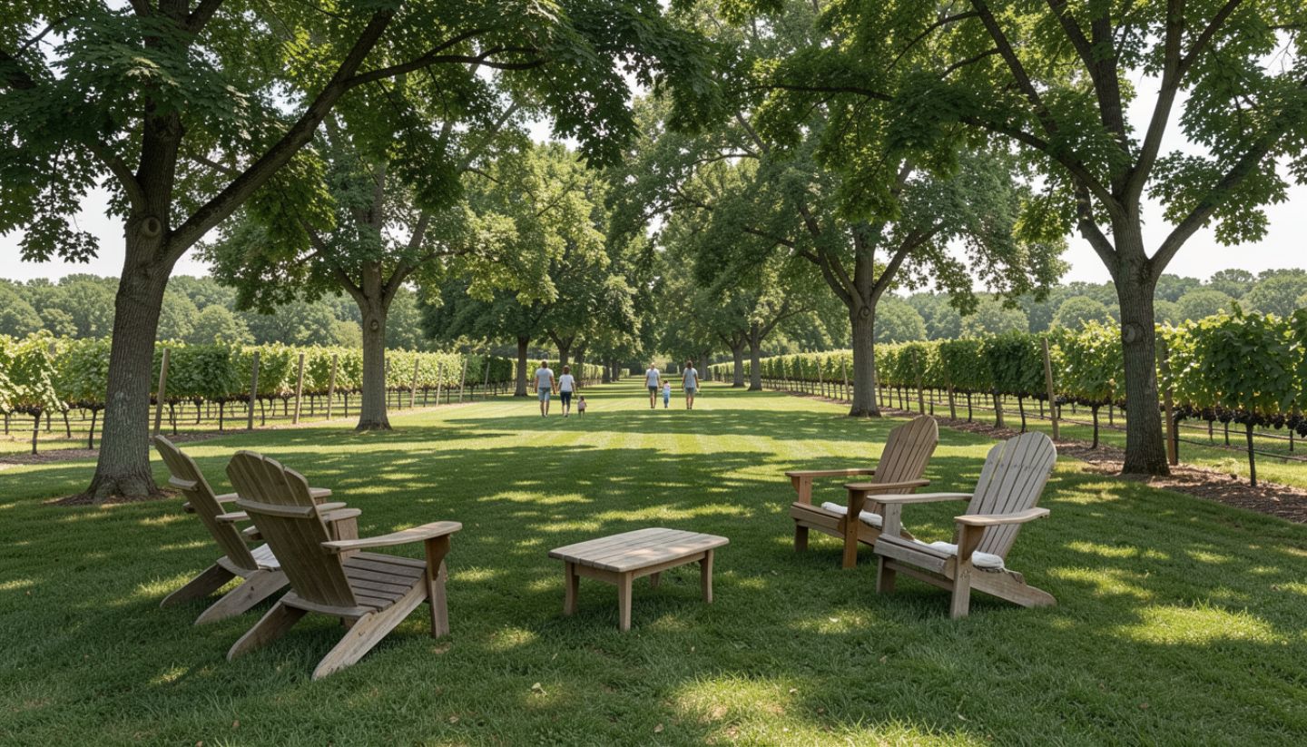 Open lawn at a group friendly Napa Valley winery with families seated outdoors and vineyard views behind them.