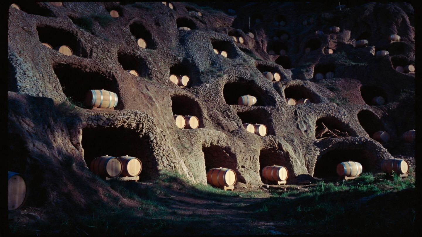 Hand carved wine caves in Napa Valley hillside with stone walls and aging barrels, representing early winemaking history.
