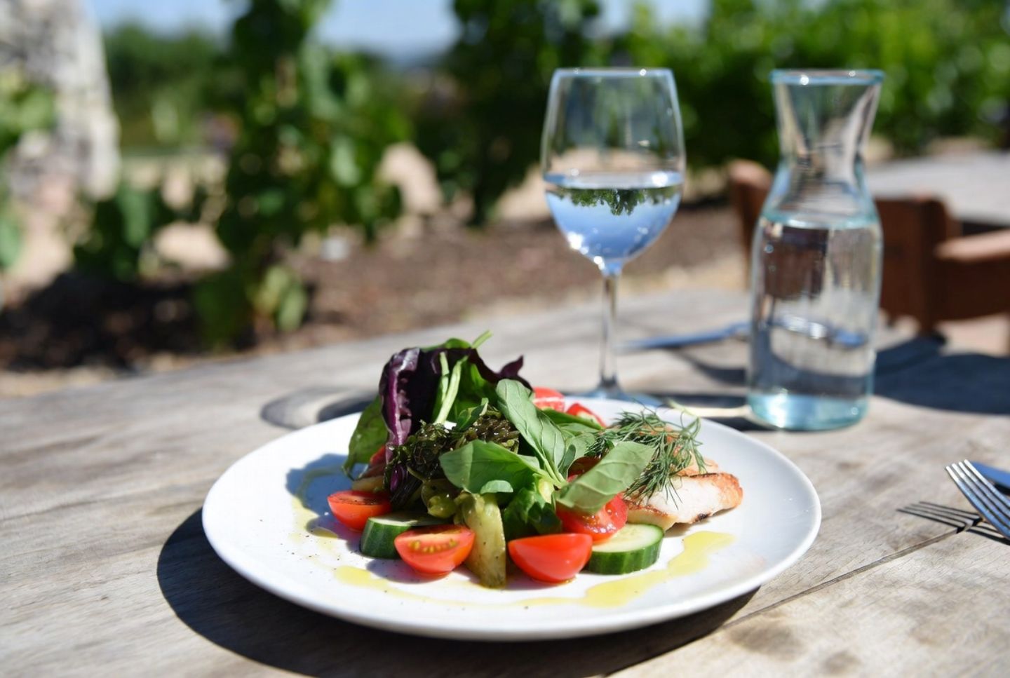Seasonal farm to table lunch in Napa Valley featuring fresh vegetables, olive oil, herbs, and a light protein served outdoors with vineyard scenery in the background.