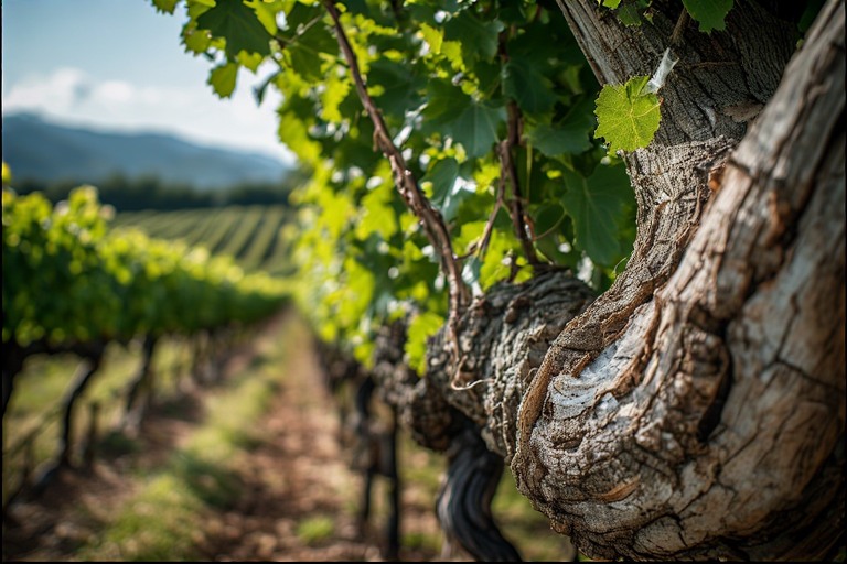 Close view of an old grapevine trunk in Napa Valley showing thick gnarled wood and decades of pruning marks in a historic vineyard block.