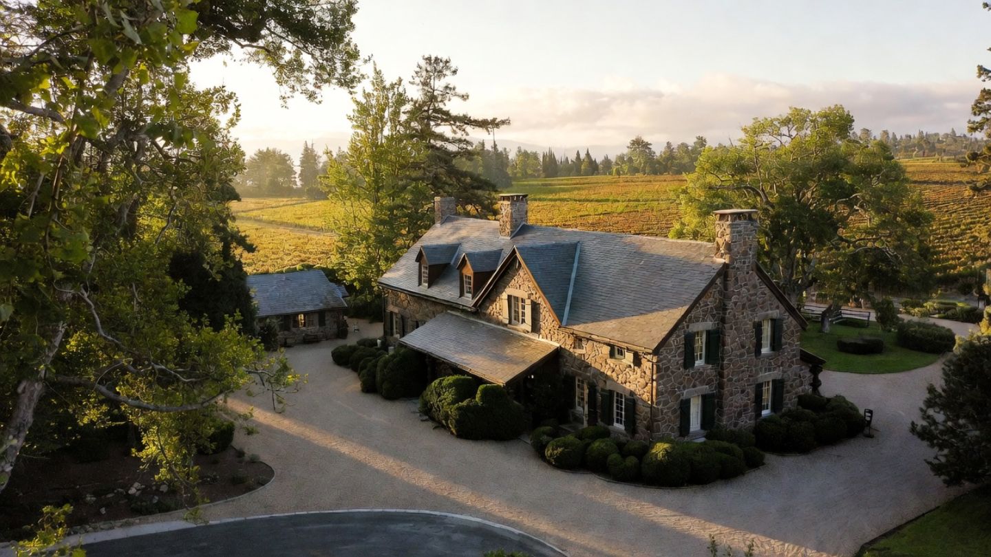 Nineteenth century heritage winery building in Napa Valley with historic architecture, vineyard surroundings, and mature tree