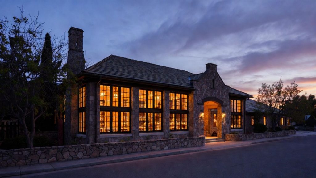 Historic Napa Valley restaurant exterior at dusk with warm interior light, reflecting an intimate dining experience in Yountville or St Helena.