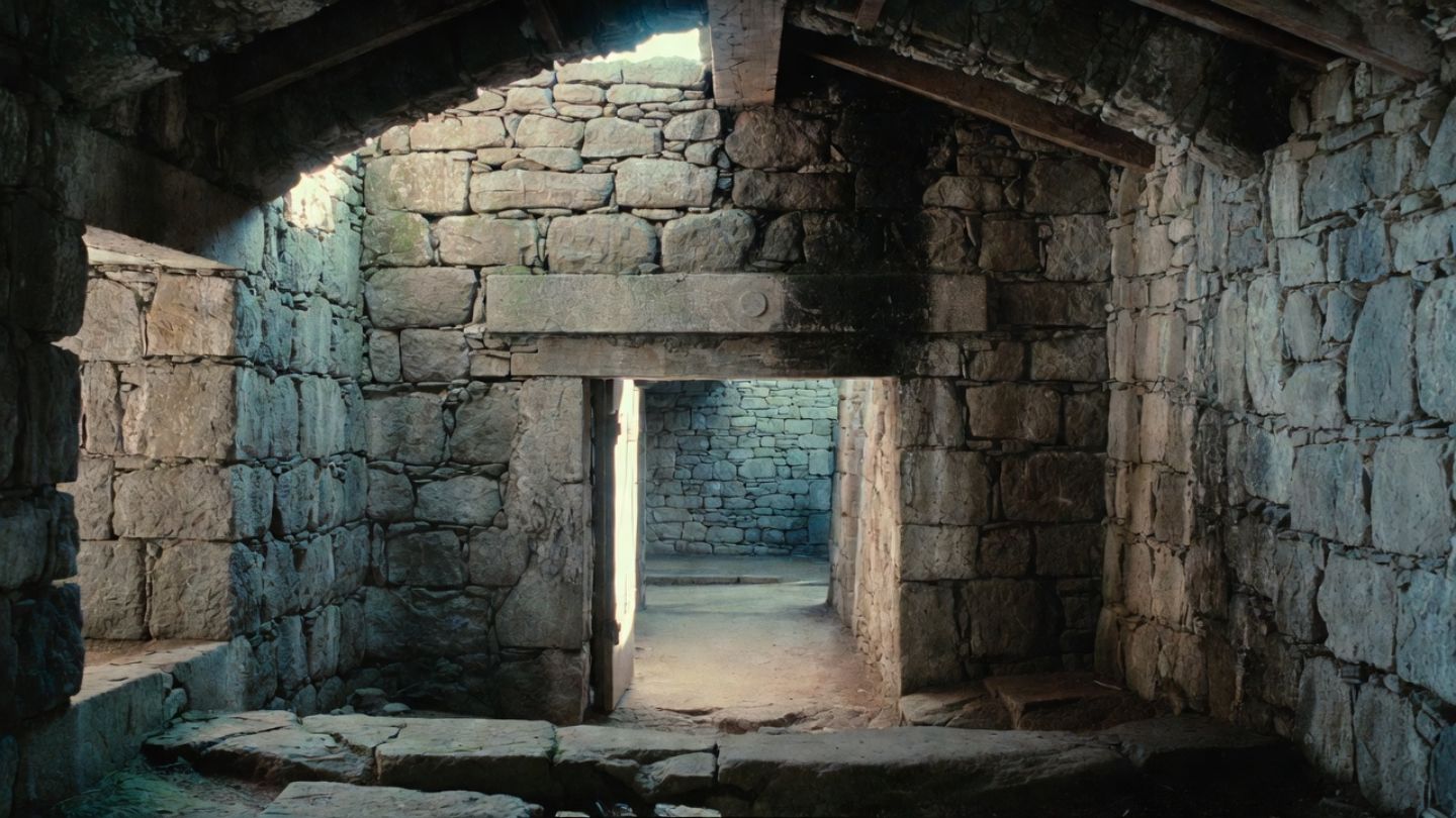 Historic stone wine cellar in Napa Valley with thick masonry walls and soft natural light, showing early winemaking architecture from the 1800s.