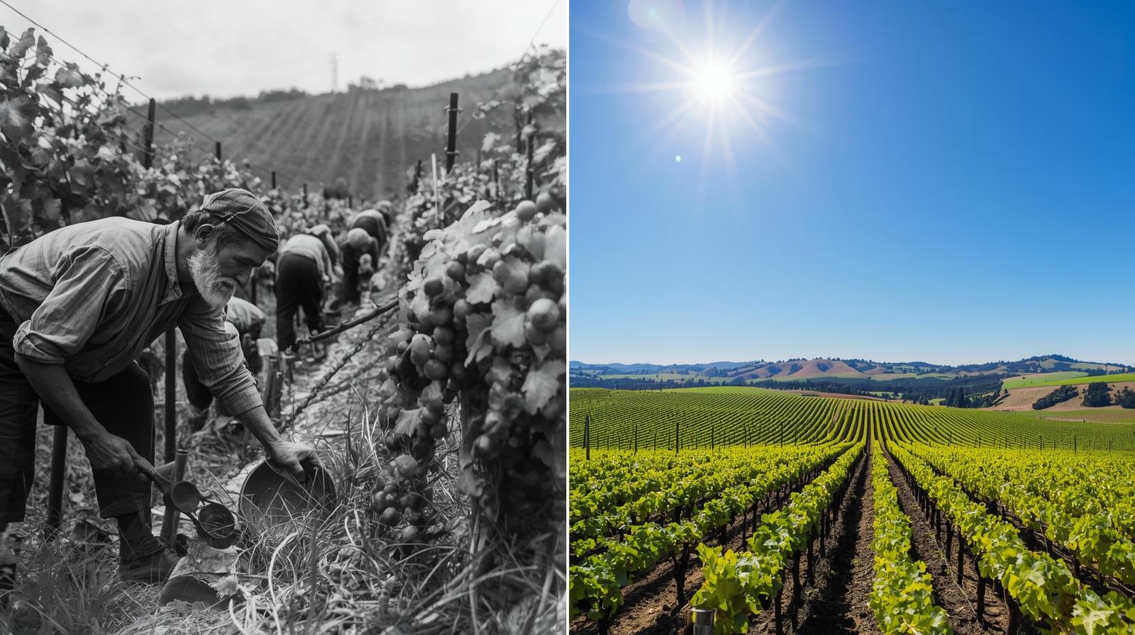 Black and white historical photograph of vineyard workers in Rutherford Napa Valley displayed alongside a modern vineyard landscape showing generational continuity.
