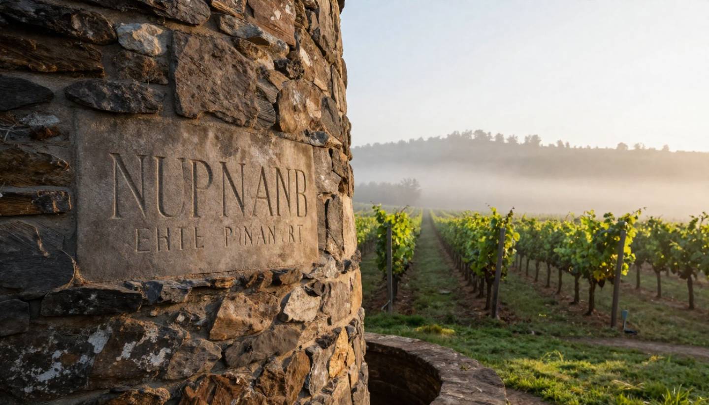 Historic stone winery in Napa Valley with vineyard rows and early morning fog, reflecting the region’s agricultural and architectural history.