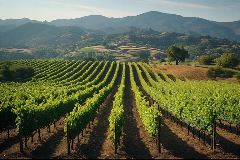 Historic vineyard rows in St. Helena Napa Valley with mature vines spaced irregularly beneath morning light and mountain backdrop illustrating heritage vineyard farming.