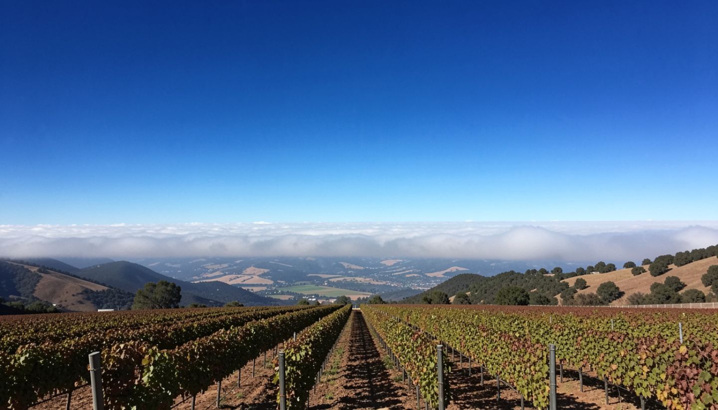 Vineyard on Howell Mountain above the fog layer with Napa Valley floor visible below during early morning.