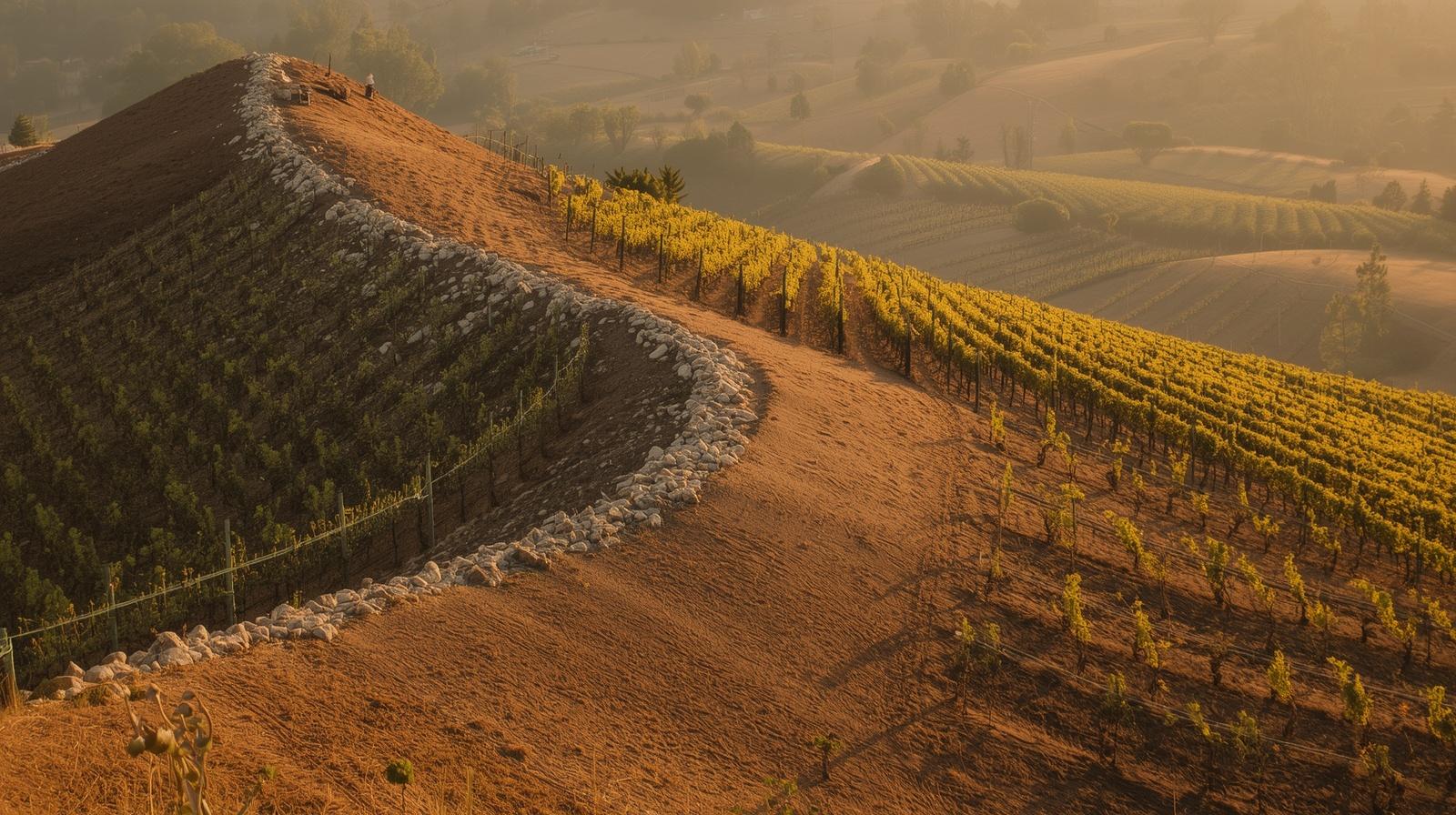 Hillside vineyard near Howell Mountain Napa Valley with rocky soil and visible irrigation tubing following the slope for precise water management.
