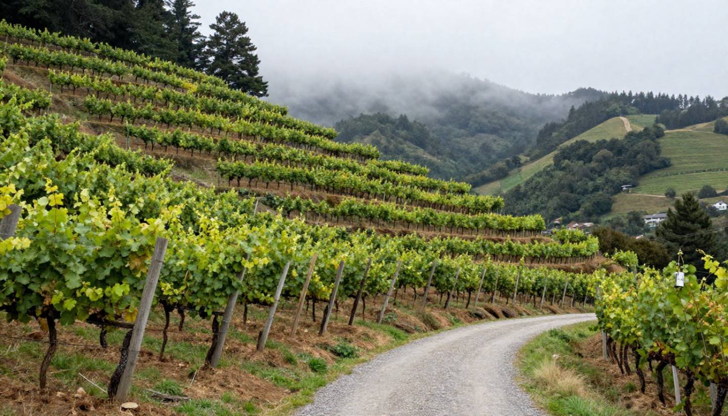 Hillside vineyard on Howell Mountain in Napa Valley, with steep terrain, forested surroundings, and small-scale wine production visible in natural light.