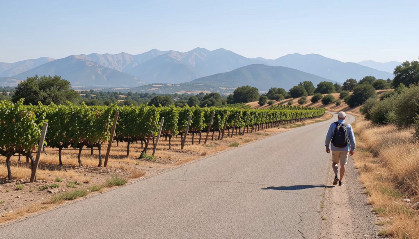 A quiet vineyard road along Silverado Trail in Napa Valley with a person walking slowly beside the vines, representing unhurried routines and intentional travel