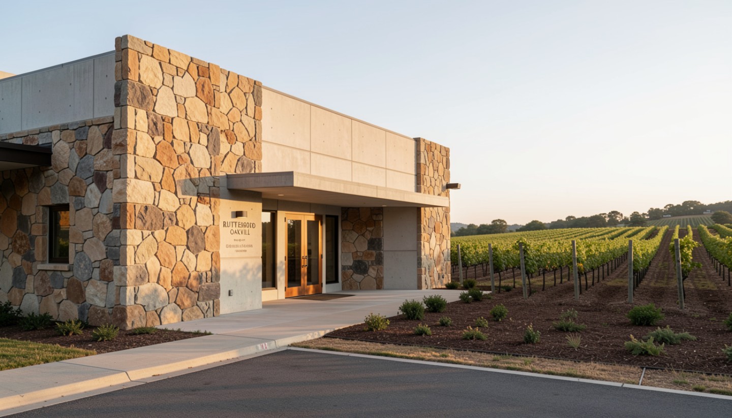 Stone and concrete winery architecture in Napa Valley with vineyard views, highlighting agricultural modern design and material textures used in wine country estates.