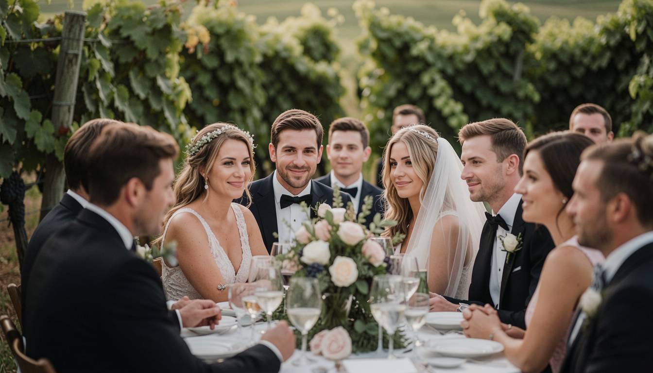 Intimate outdoor wedding ceremony in Napa Valley with a small group of guests seated close together among vineyard rows.