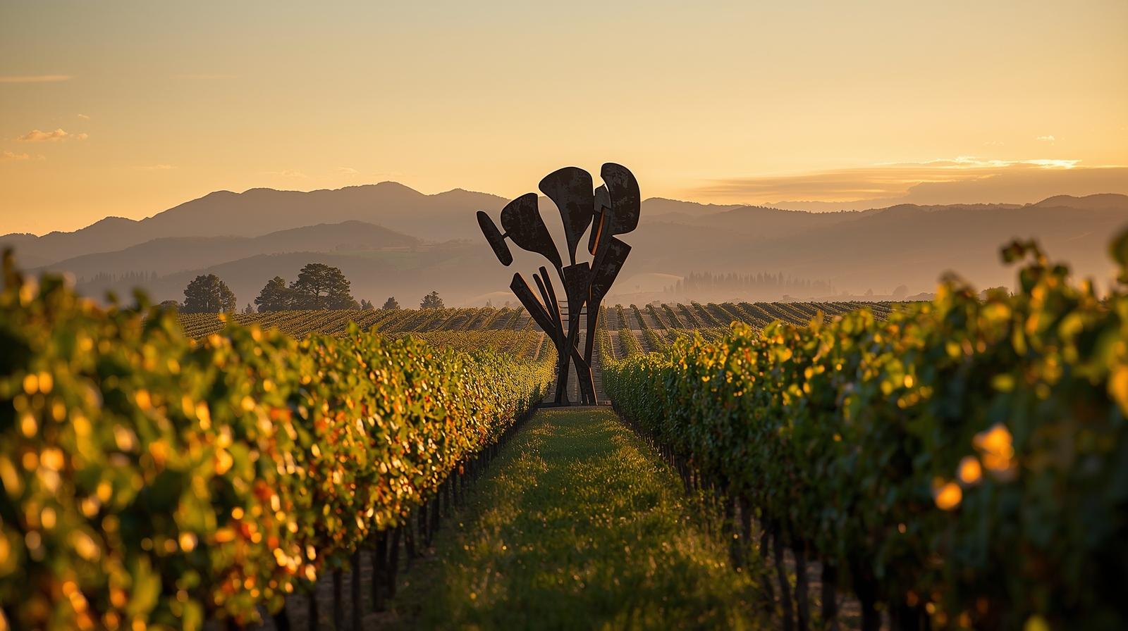Large outdoor sculpture positioned at the edge of vineyard rows in Rutherford, Napa Valley during golden hour, with the Mayacamas mountains in the background, illustrating land art integrated into wine country landscape.