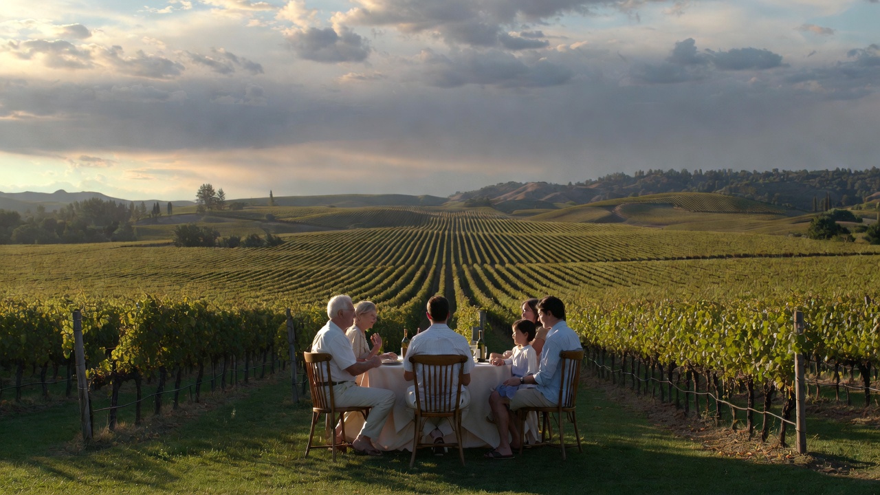 Multigenerational family seated at an outdoor table overlooking vineyard rows in St. Helena Napa Valley during late afternoon light as part of an annual family tradition trip.