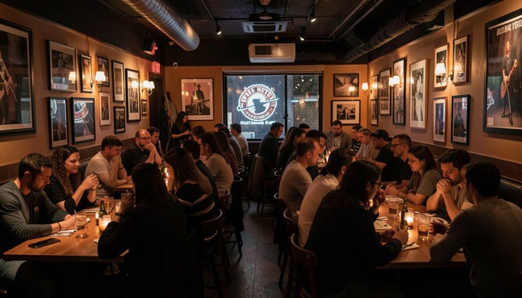 Small live music venue in Napa Valley with an audience seated close to the stage in a low-lit, intimate setting.
