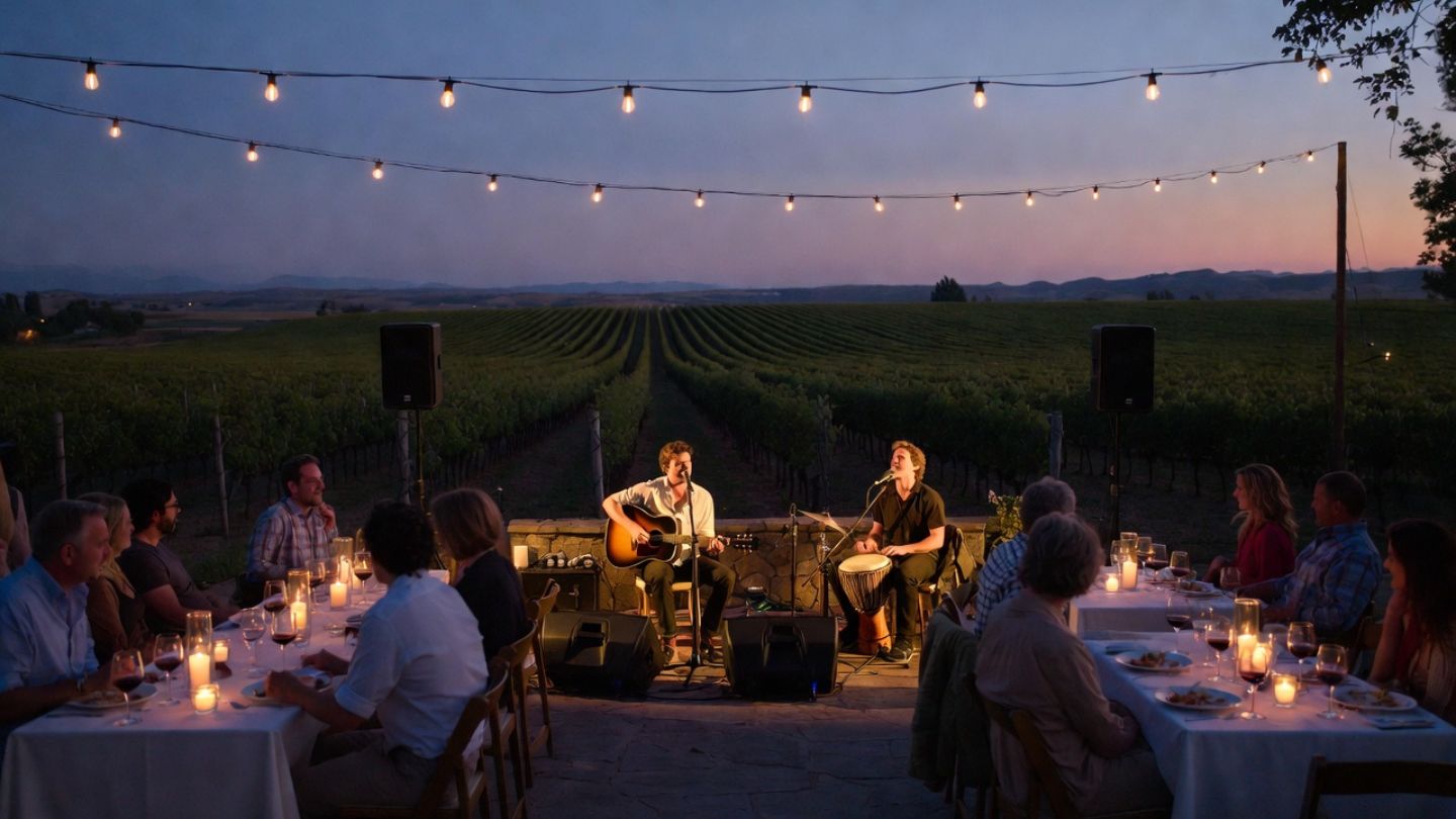Small live music performance in a Napa Valley vineyard at sunset, with acoustic musicians playing to seated guests under string lights, vineyard rows and hills visible in the background.