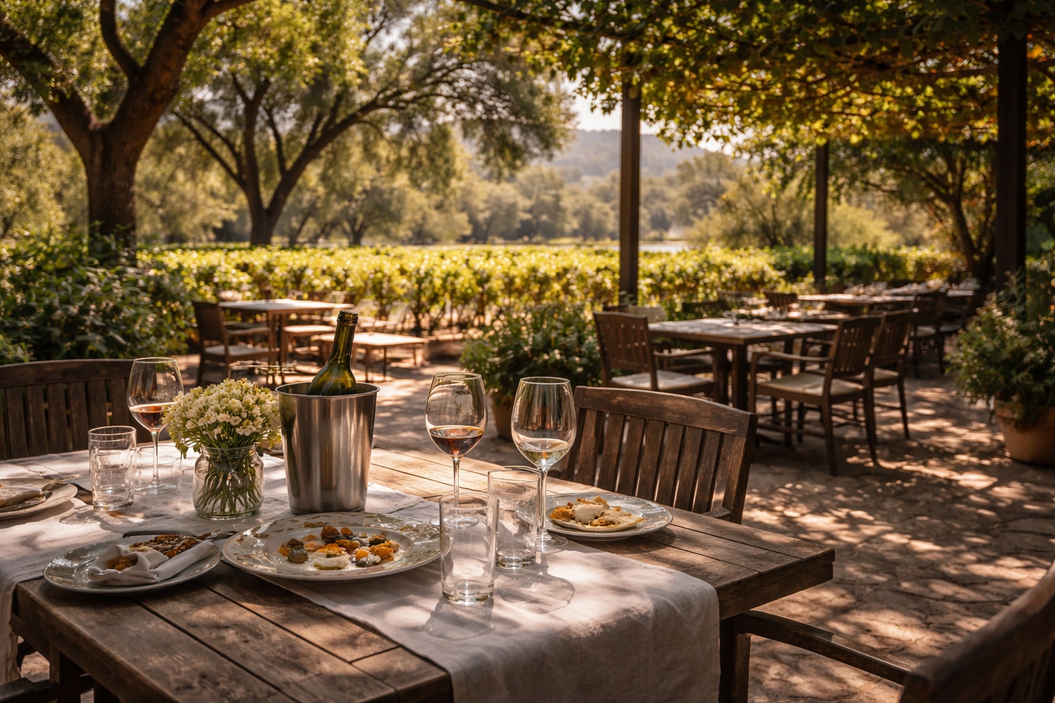Shaded restaurant patio in Napa Valley during early afternoon with tables set under trees, illustrating the relaxed atmosphere ideal for long lunches from the East Bay
