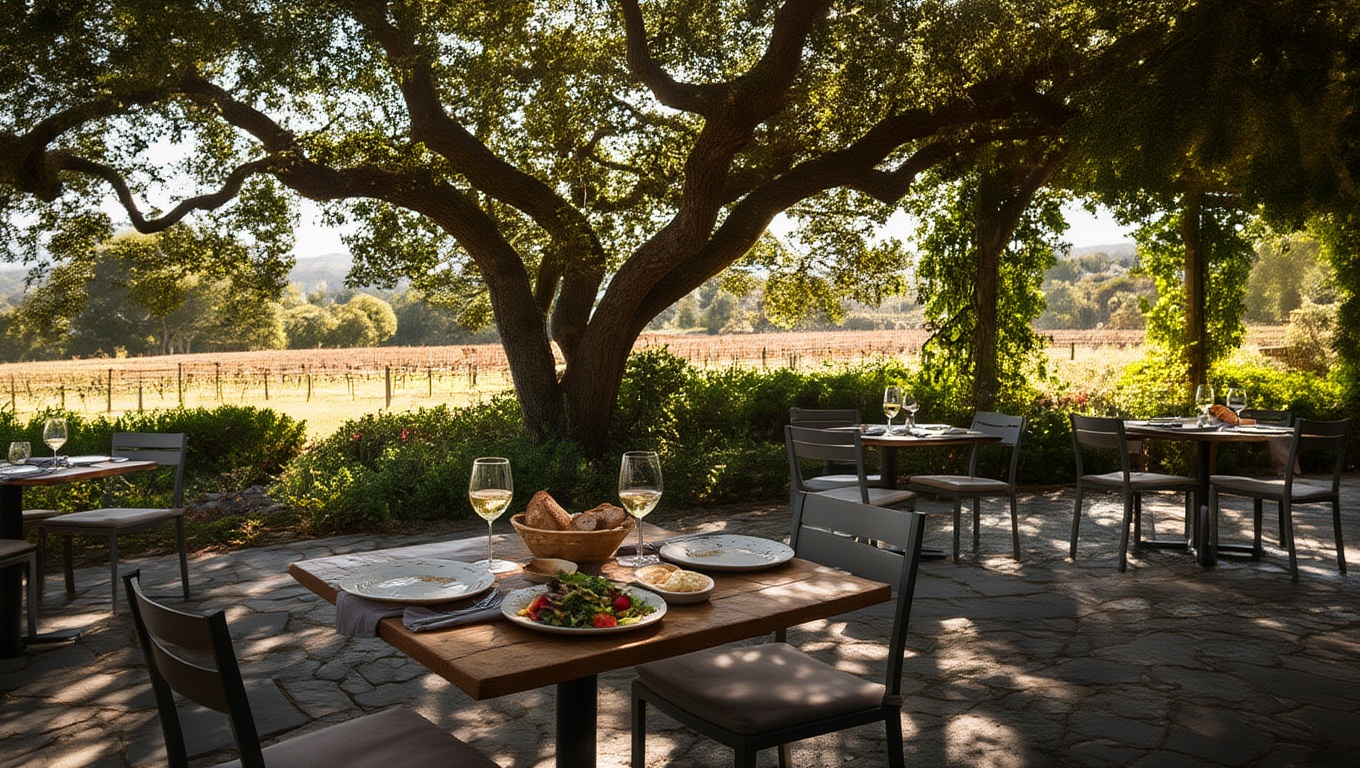 “Shaded outdoor patio table in Napa Valley during a long afternoon lunch, with sunlight filtering through trees, reflecting relaxed dining and unhurried time for couples.”